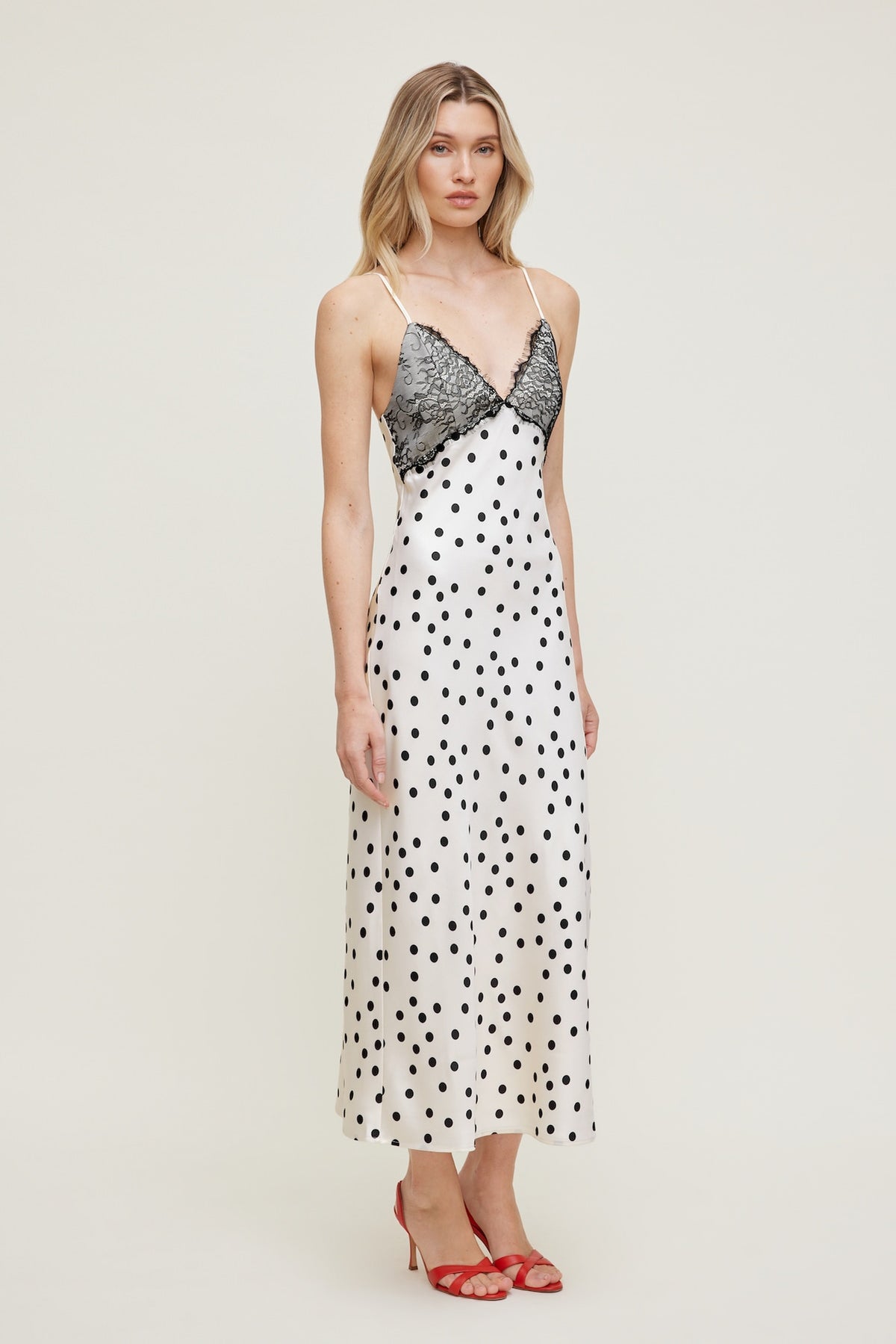 Dynamite Lace Trim Satin Midi Dress Beige