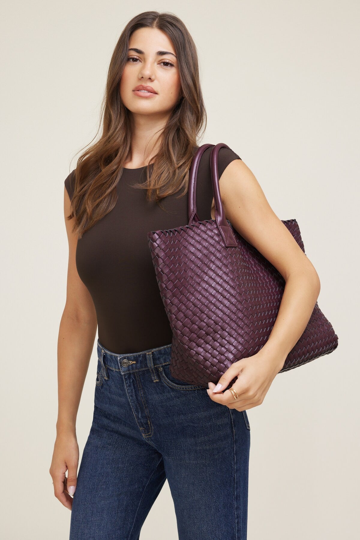 Dynamite Oversized Woven Faux Leather Tote Red