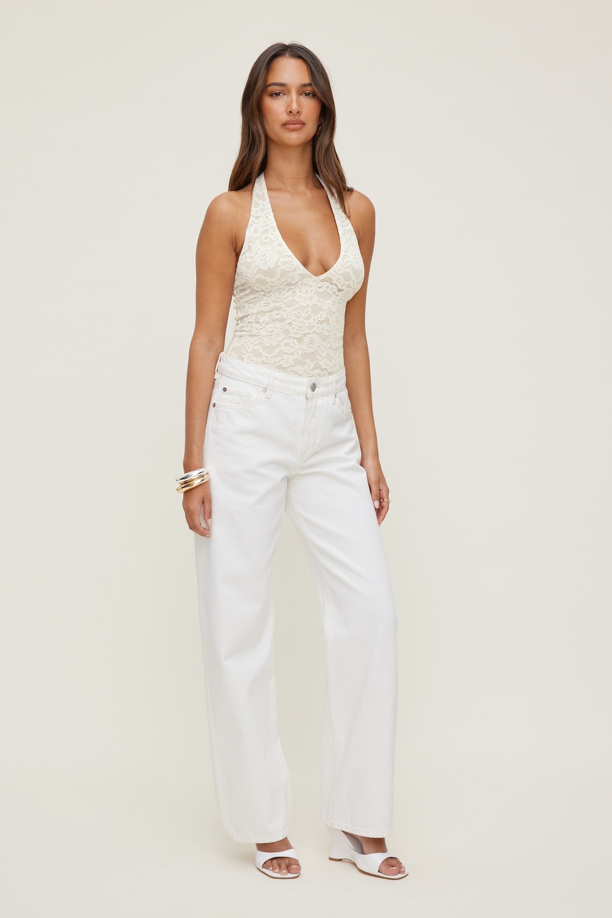 Dynamite Lace Plunge Bodysuit Beige