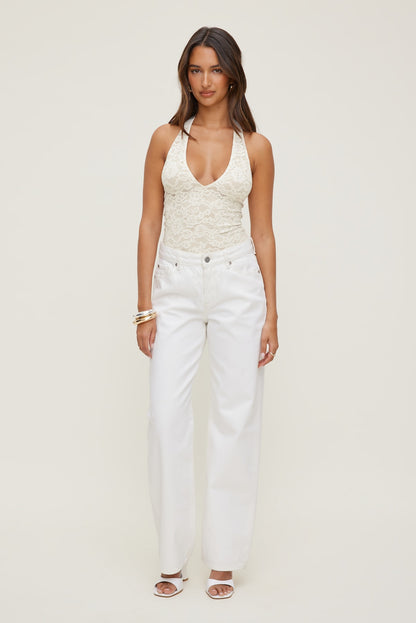 Dynamite Lace Plunge Bodysuit Beige