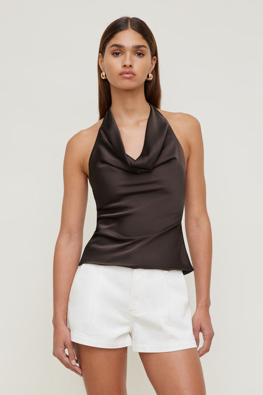 Dynamite Camila Satin Cowl Halter Neck Blouse Brown