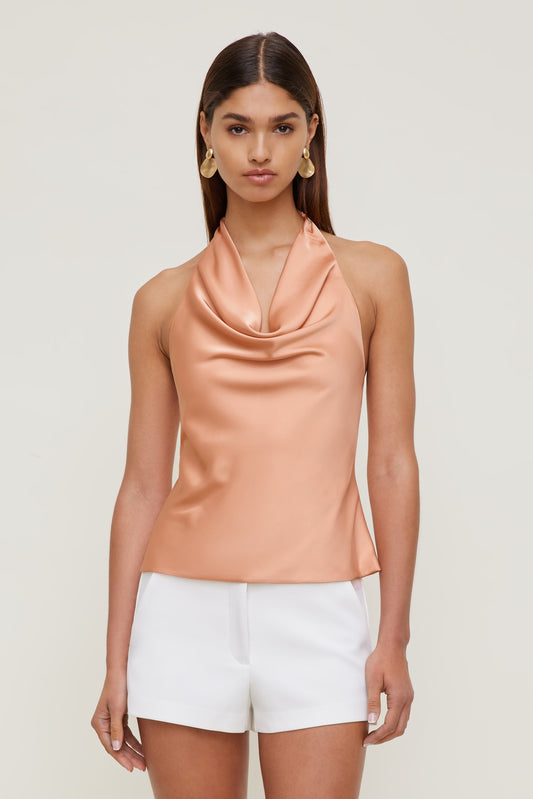 Dynamite Camila Satin Cowl Halter Neck Blouse Orange