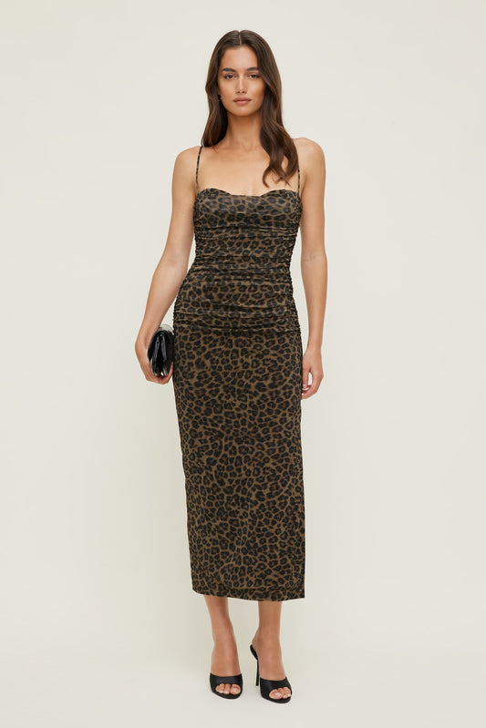 Dynamite Ruched Mesh Midi Dress Brown