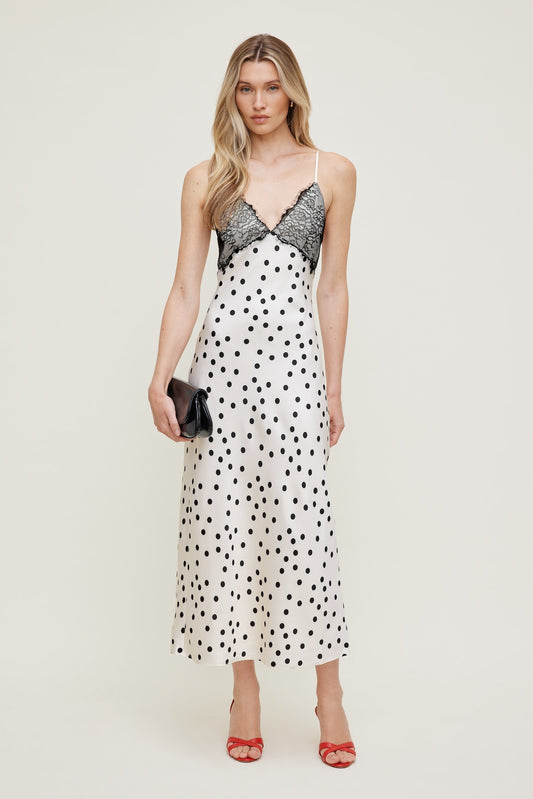 Dynamite Lace Trim Satin Midi Dress Beige
