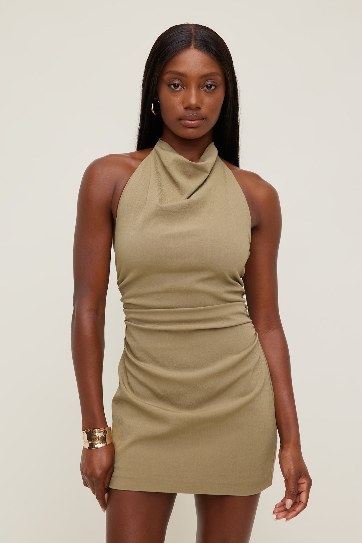 Dynamite Cowl Halter Mini Dress Brown
