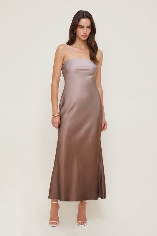 Dynamite Satin Maxi Tube Dress Brown