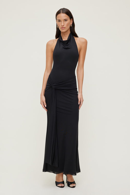 Dynamite Scarlet Draped Mesh Maxi Dress Black