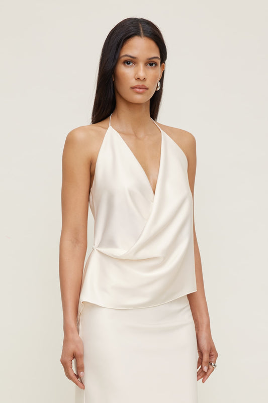 Dynamite Satin Wrap Halter Top Beige