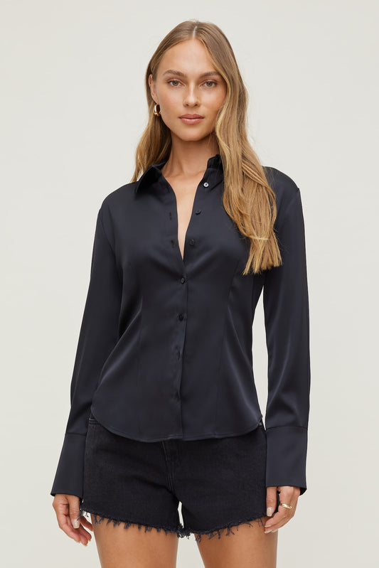 Dynamite Eva Cinched Satin Shirt Black