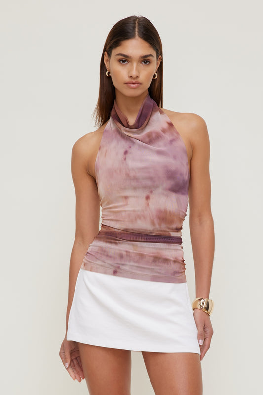 Dynamite Draped Mesh Halter Top Pink