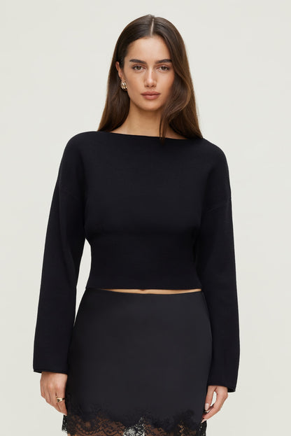 Dynamite Cinched Boat Neck Sweater Black