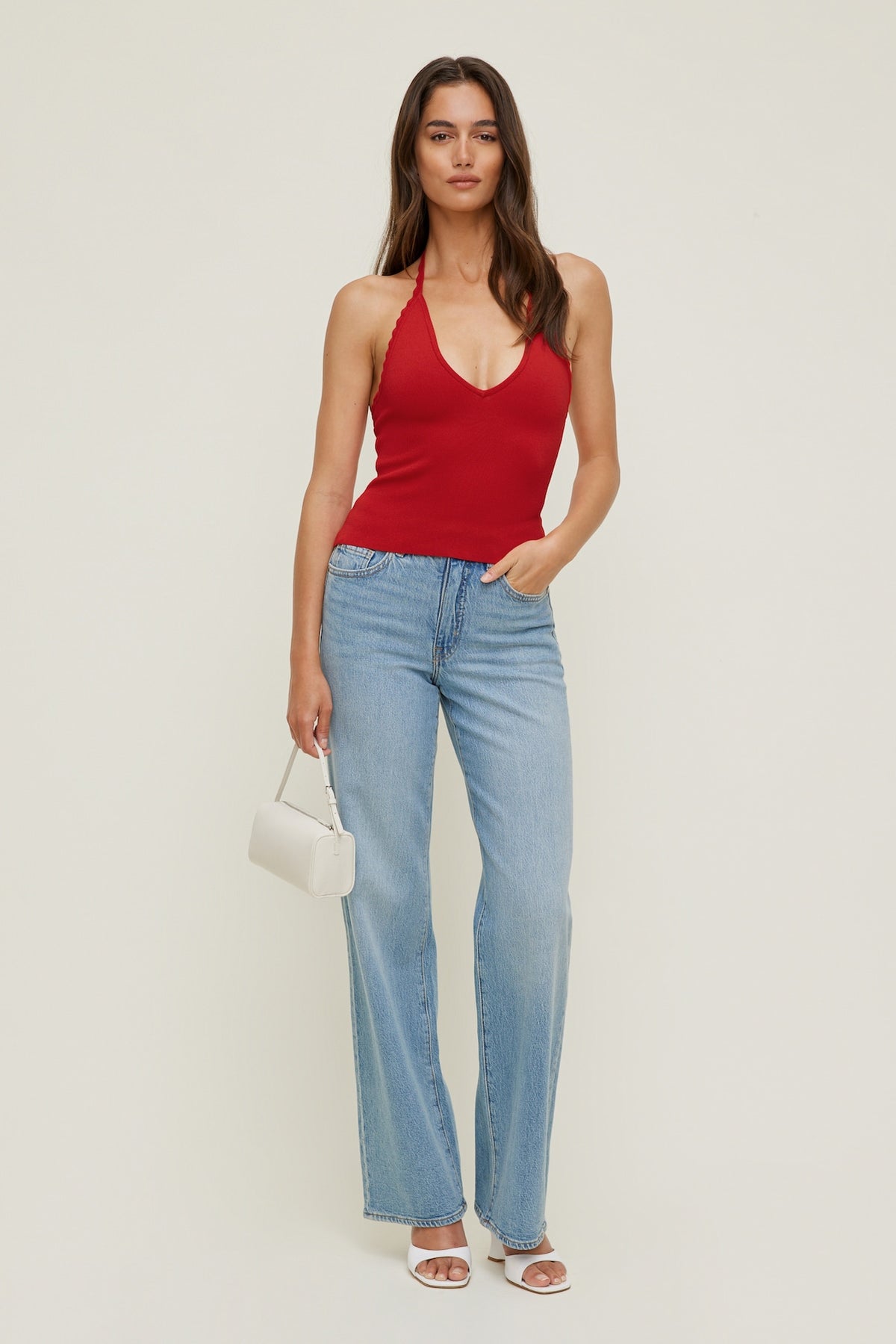 Dynamite Scallop Trim Sweater Halter Top RED