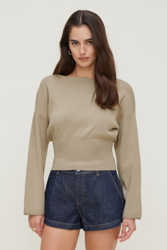 Dynamite Cinched Boat Neck Sweater BEIGE