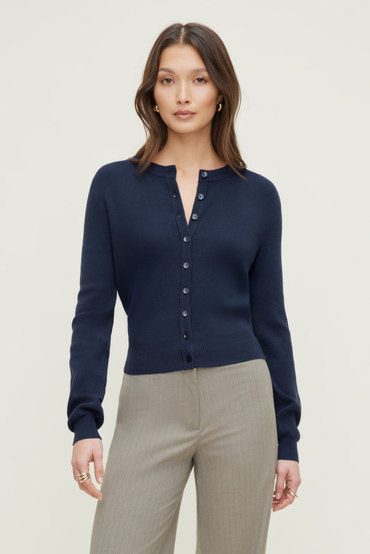 Dynamite Rebecca Crewneck Cardigan Blue