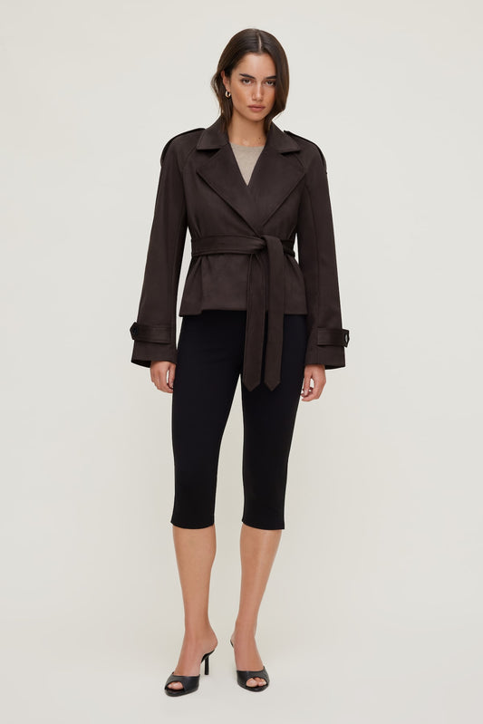Dynamite Cropped Faux Suede Trench Coat Brown