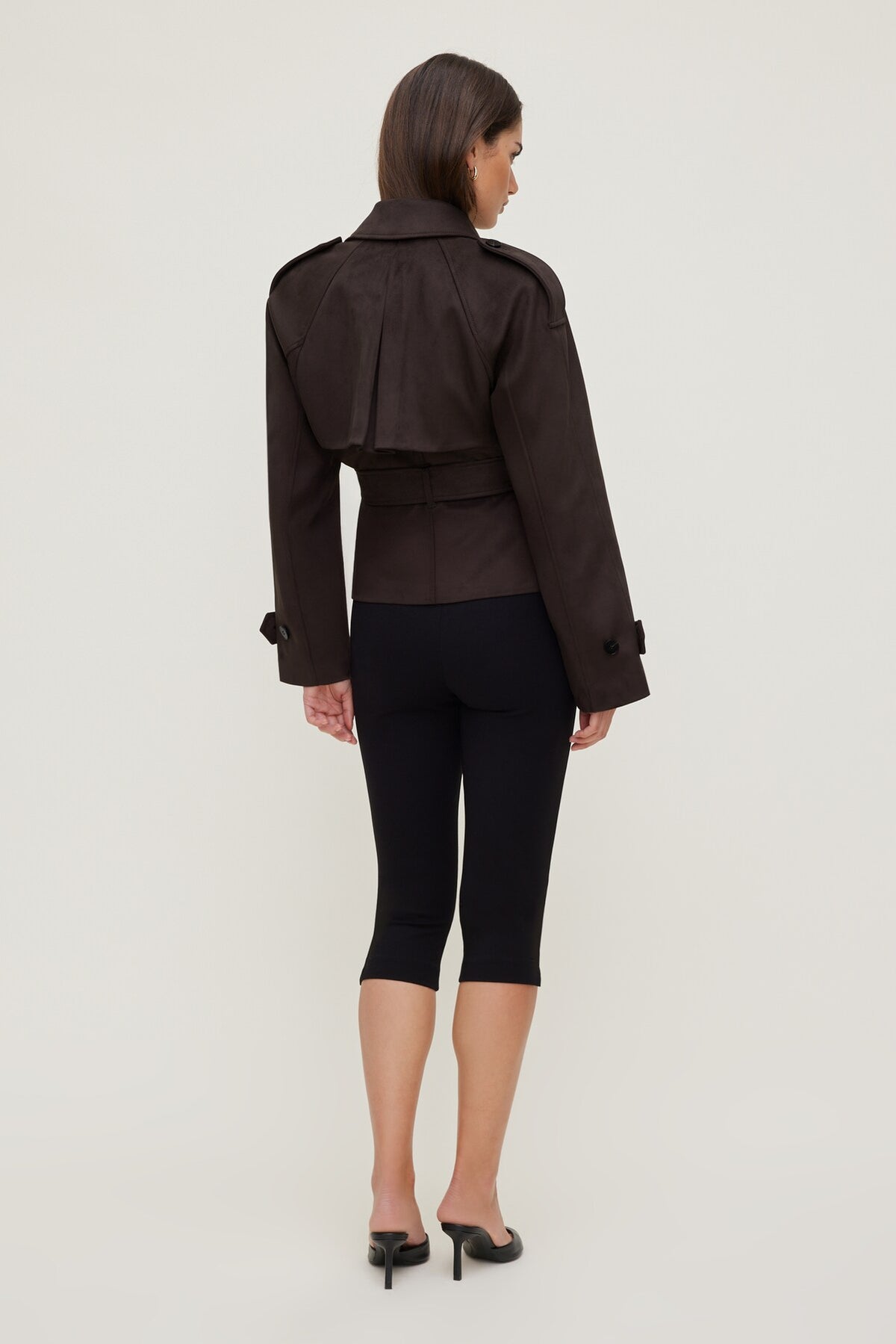 Dynamite Cropped Faux Suede Trench Coat Brown
