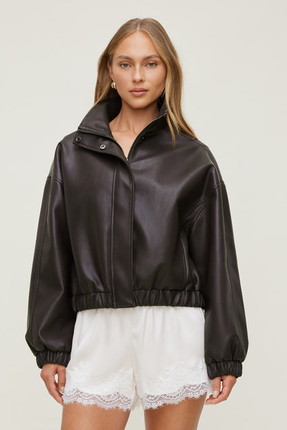 Dynamite Oversized Faux Leather Bomber Jacket Brown