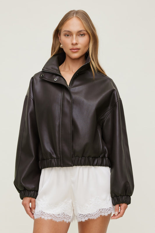 Dynamite Oversized Faux Leather Bomber Jacket Brown