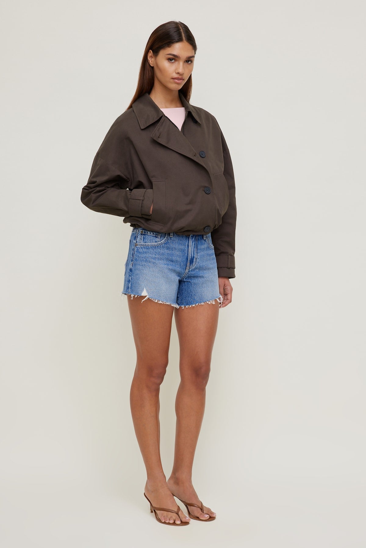 Dynamite Twill Asymmetric Button Up Jacket Brown