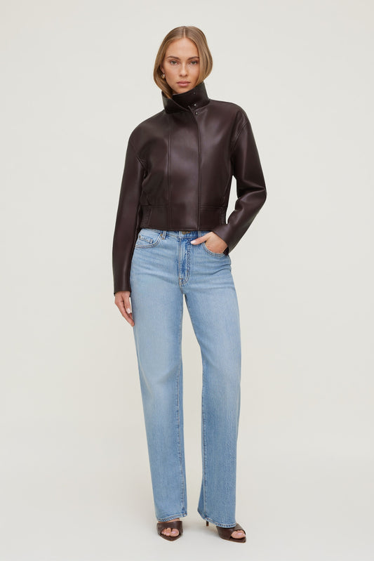 Dynamite Cropped Faux Leather Bomber Jacket Purple