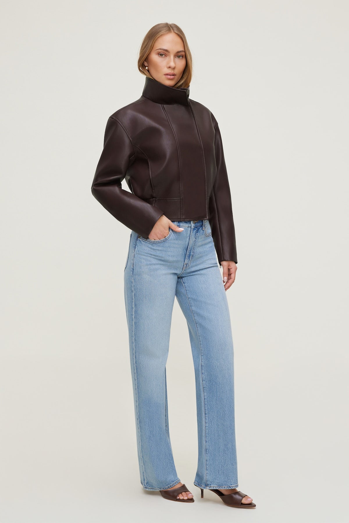Dynamite Cropped Faux Leather Bomber Jacket Purple