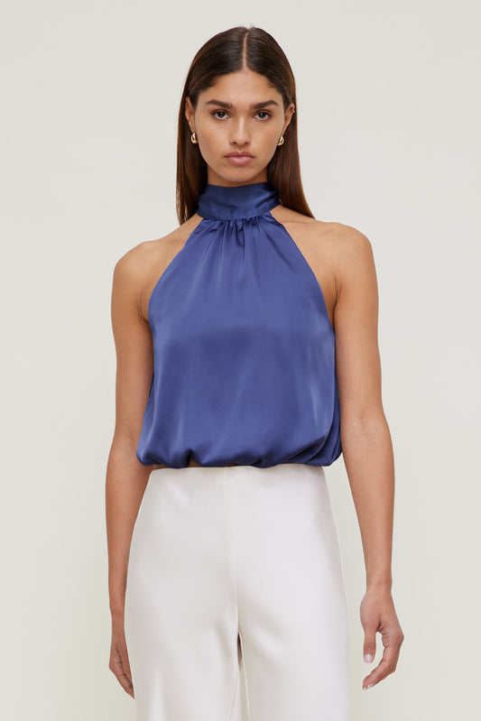 Dynamite Paloma Bubble Satin Halter Blouse Blue