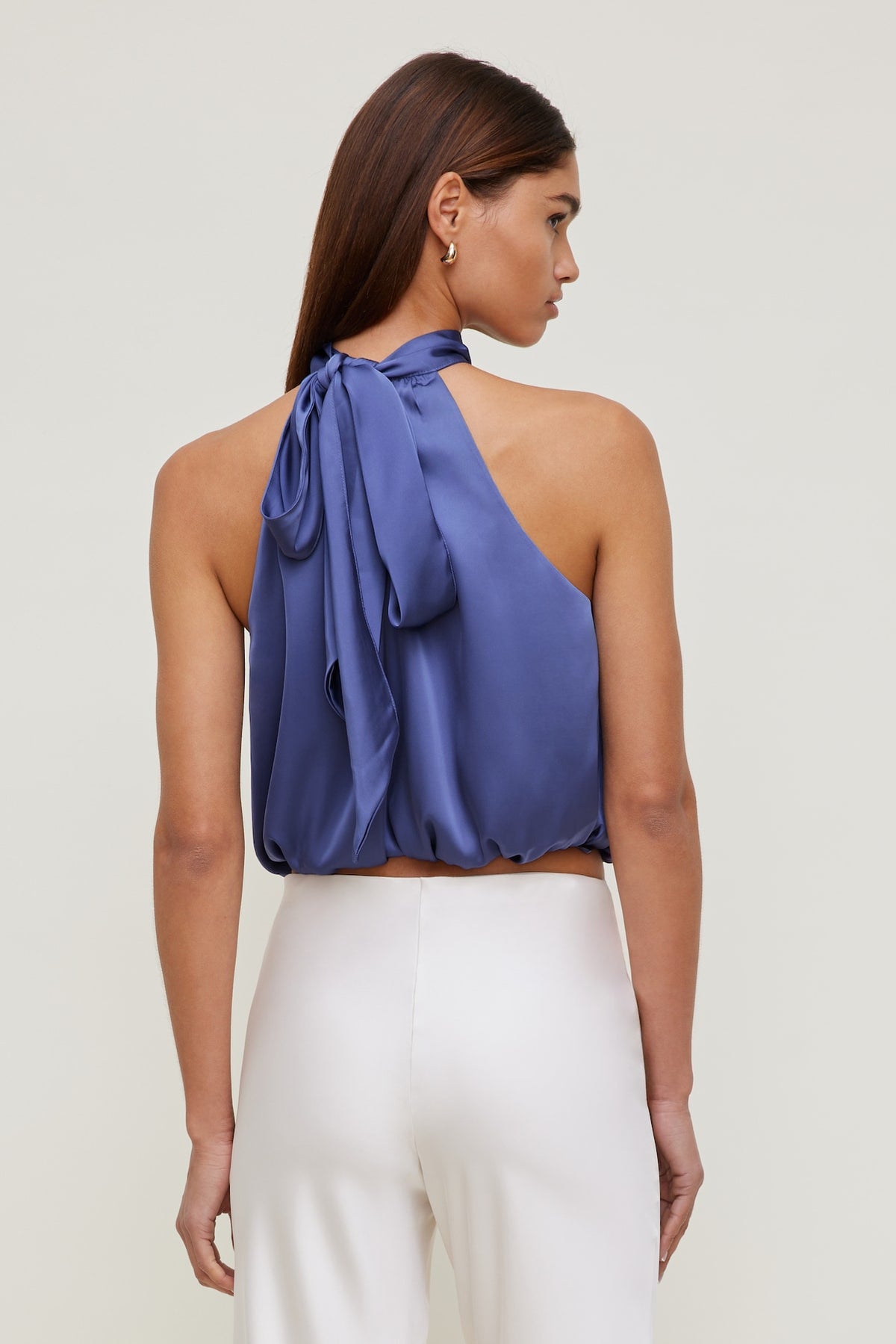 Dynamite Paloma Bubble Satin Halter Blouse Blue