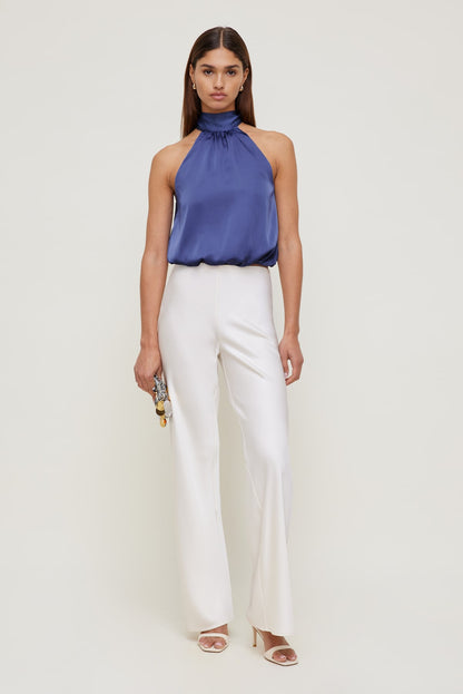 Dynamite Paloma Bubble Satin Halter Blouse Blue