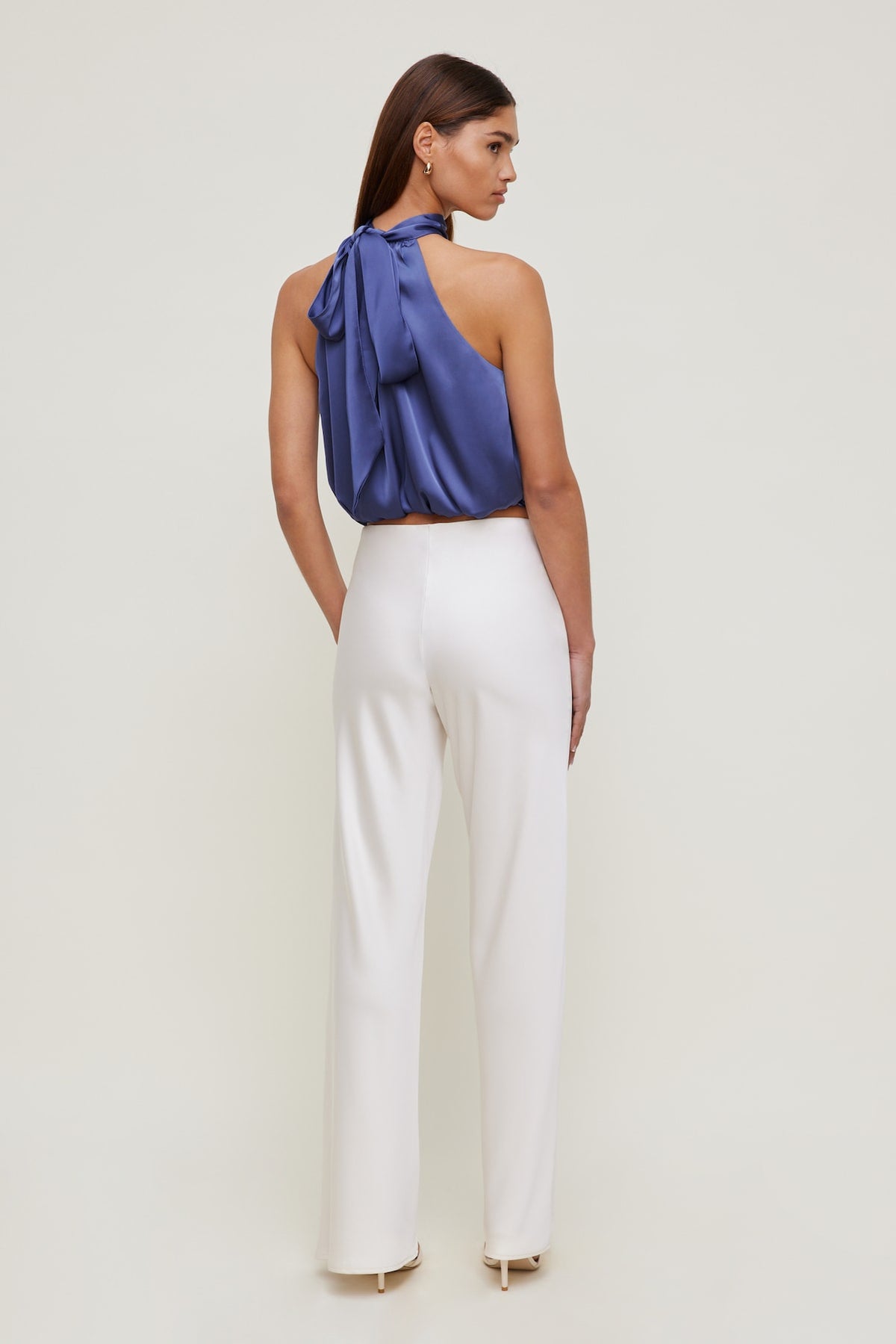 Dynamite Paloma Bubble Satin Halter Blouse Blue