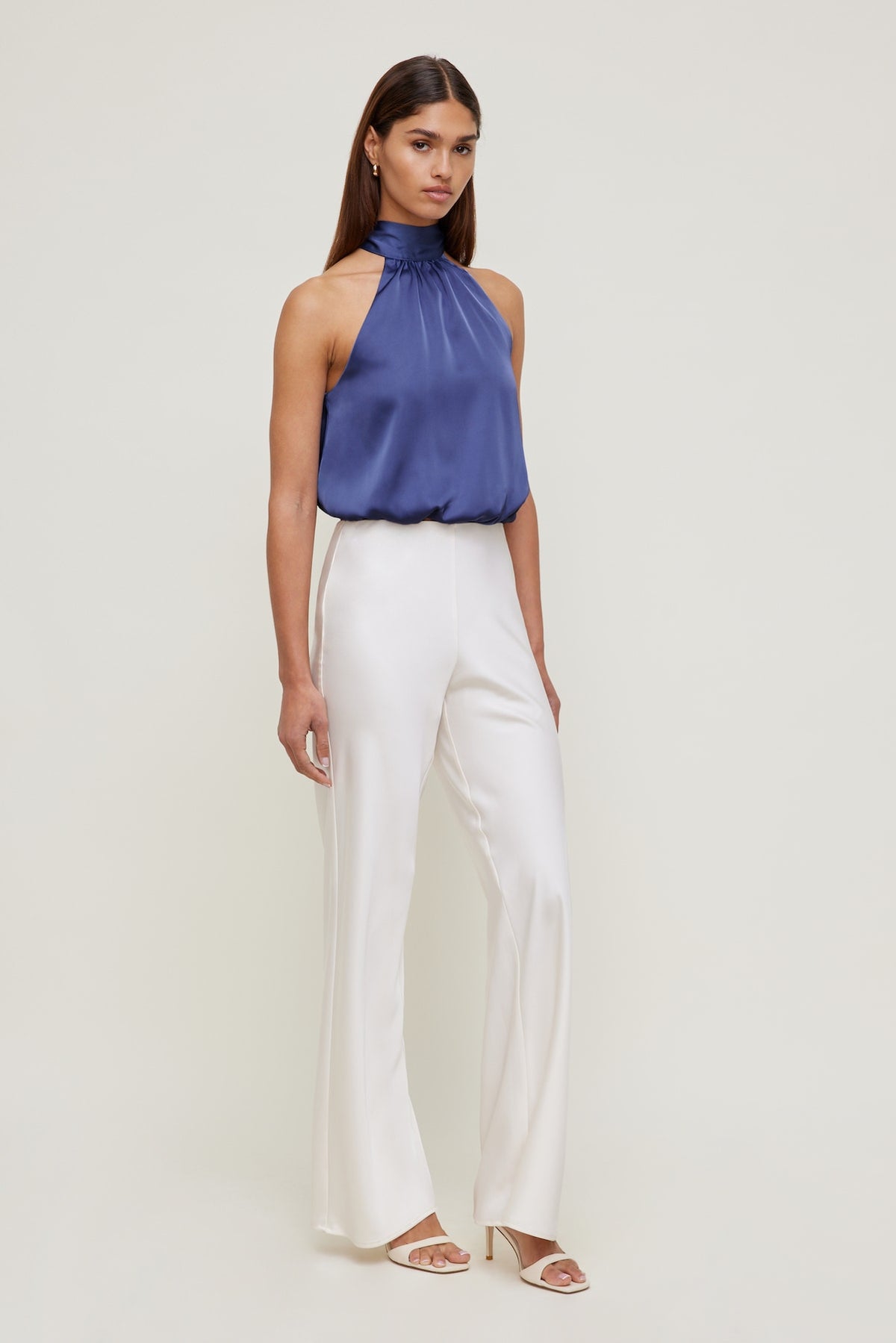 Dynamite Paloma Bubble Satin Halter Blouse Blue