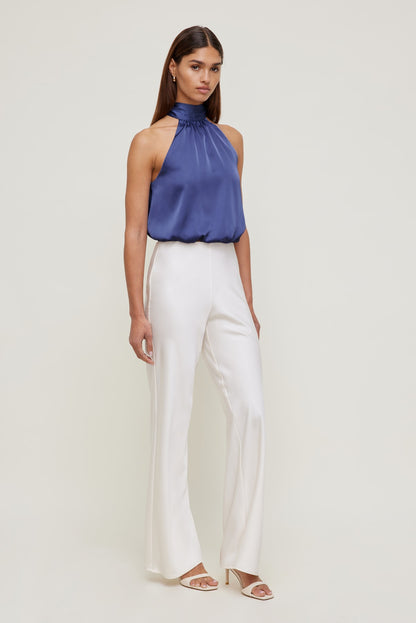 Dynamite Paloma Bubble Satin Halter Blouse Blue