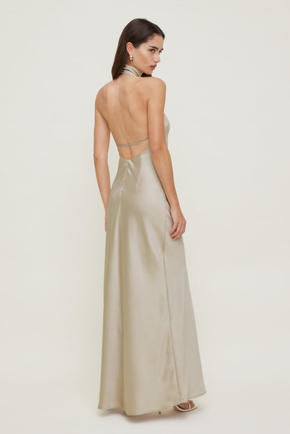 Dynamite Satin Halter Maxi Dress Beige