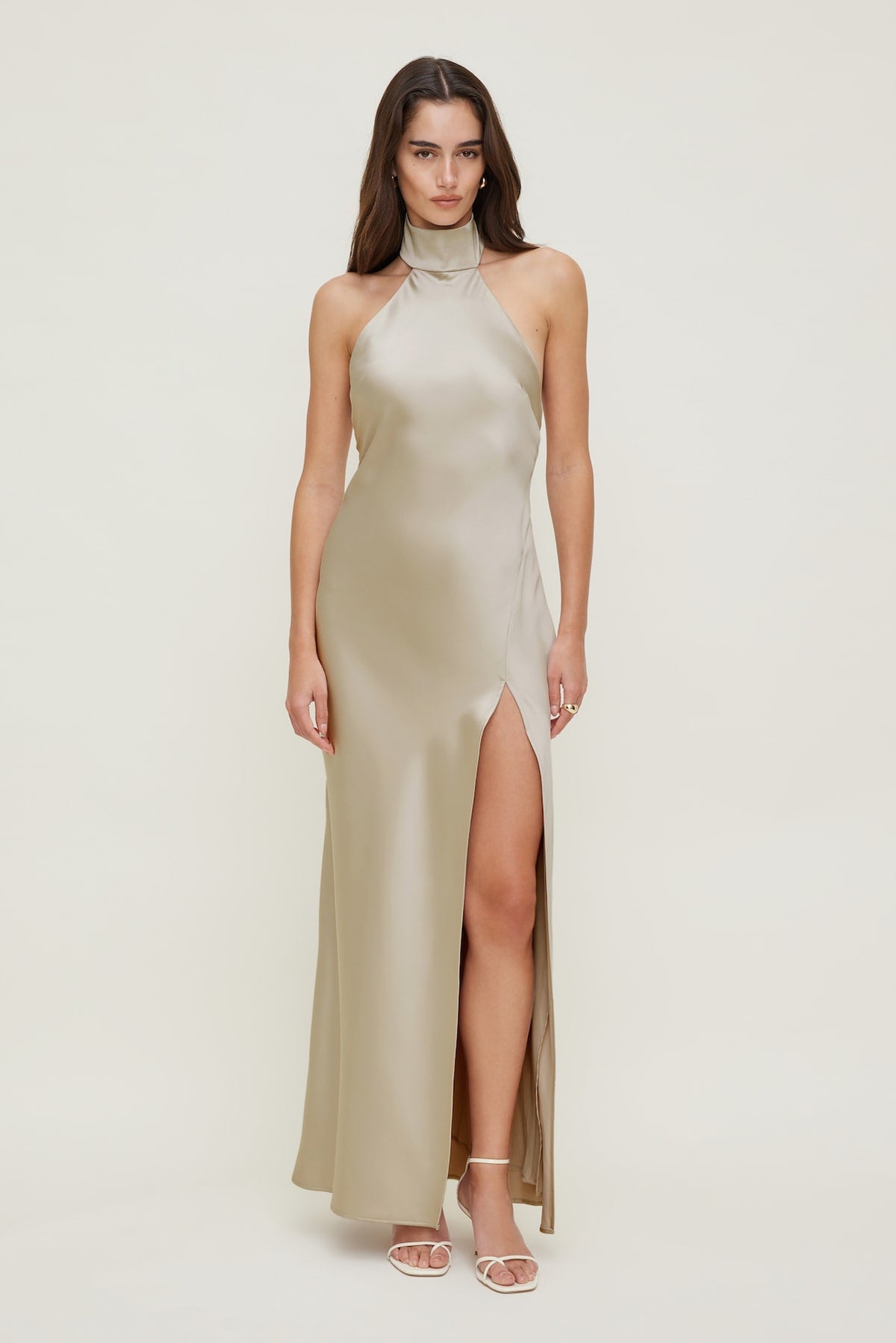 Dynamite Satin Halter Maxi Dress Beige
