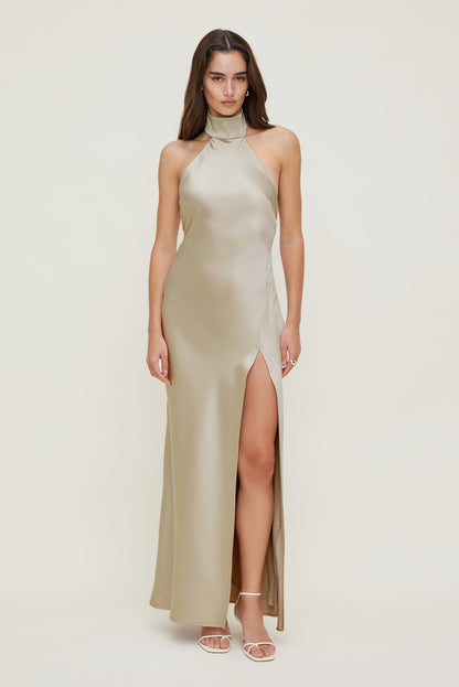 Dynamite Satin Halter Maxi Dress Beige