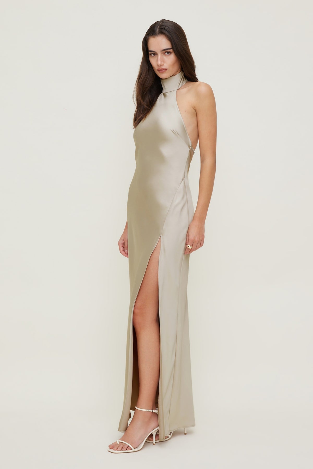 Dynamite Satin Halter Maxi Dress Beige