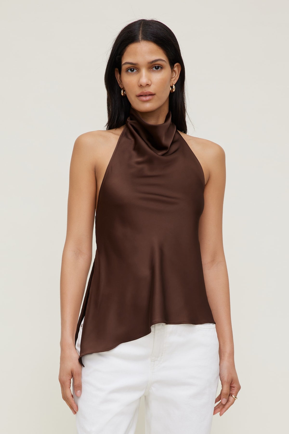Dynamite Asymmetric Satin Halter Blouse Brown
