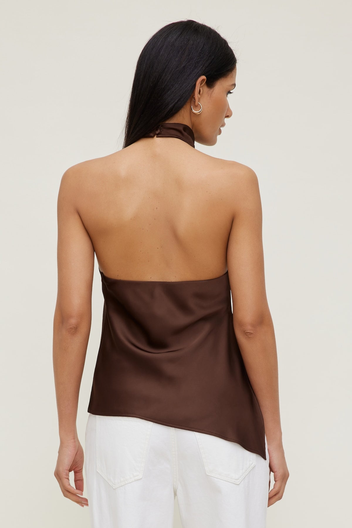 Dynamite Asymmetric Satin Halter Blouse Brown