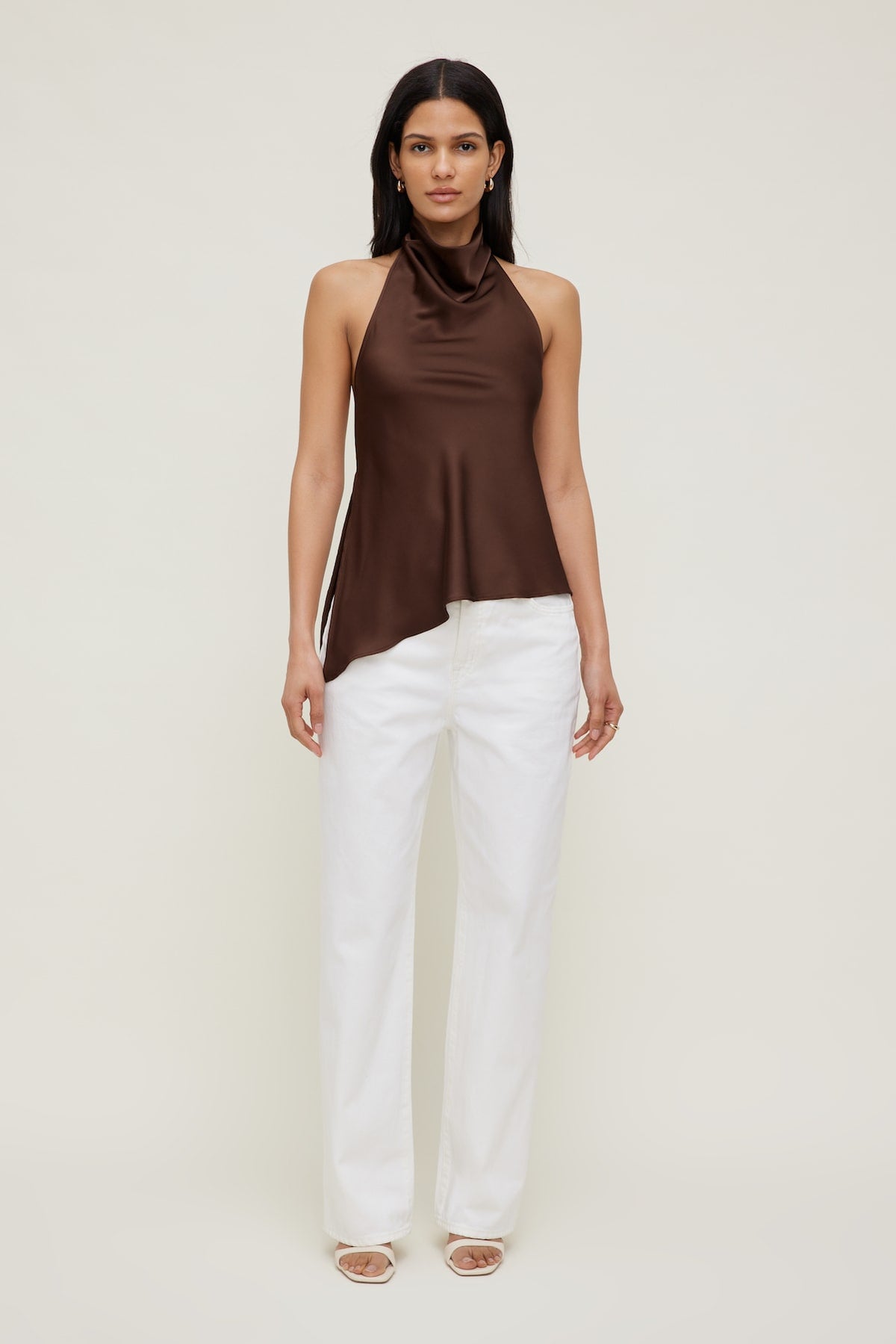 Dynamite Asymmetric Satin Halter Blouse Brown