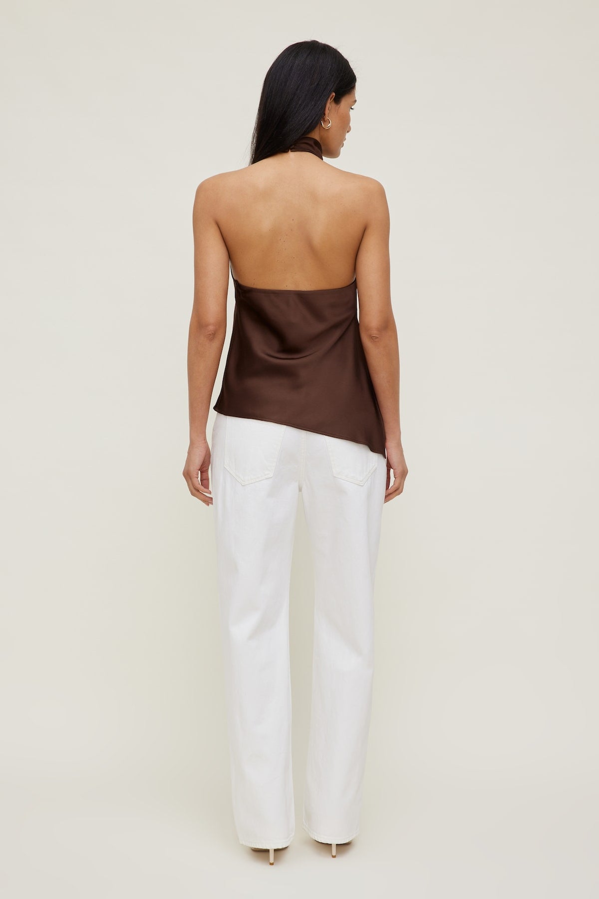 Dynamite Asymmetric Satin Halter Blouse Brown
