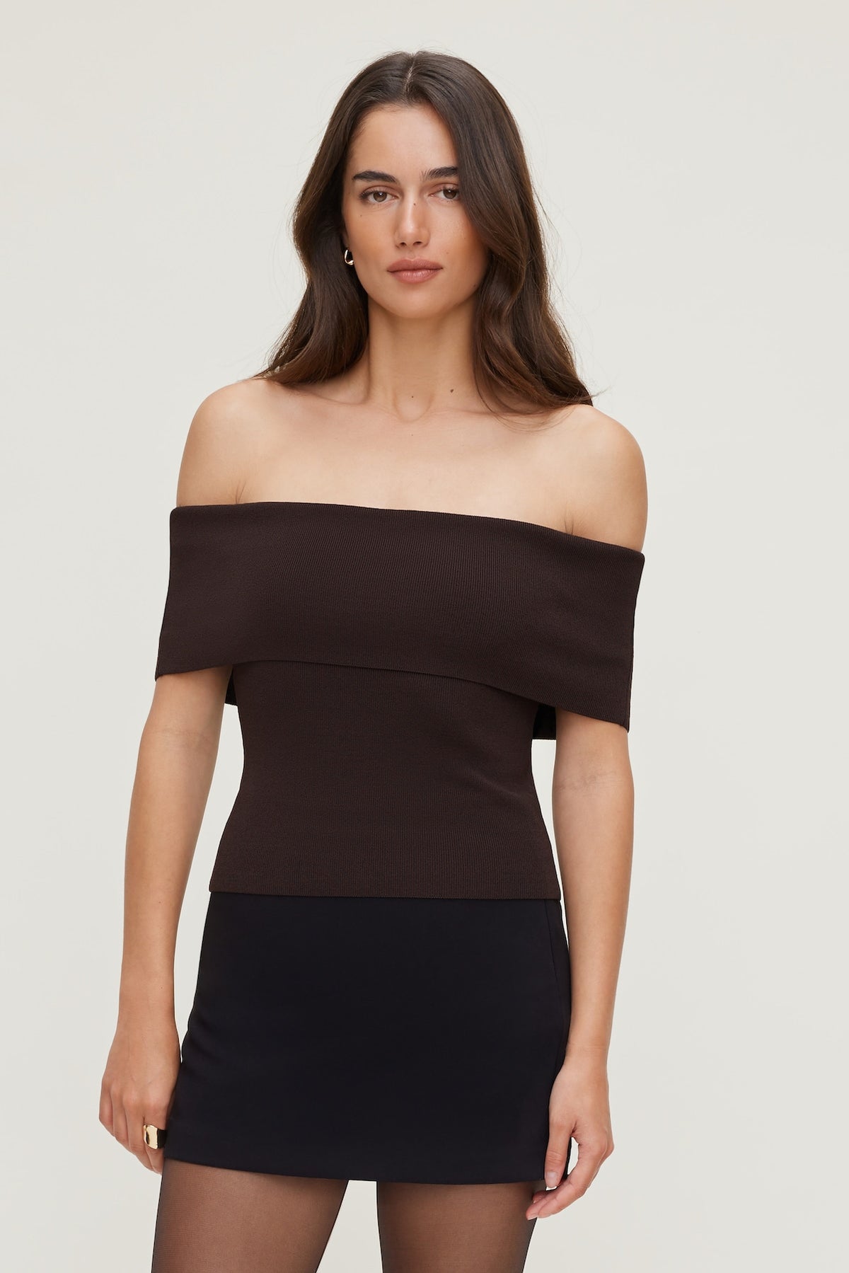 Dynamite Rib Knit Off Shoulder Sweater Brown