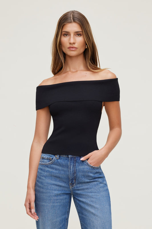 Dynamite Rib Knit Off Shoulder Sweater Black