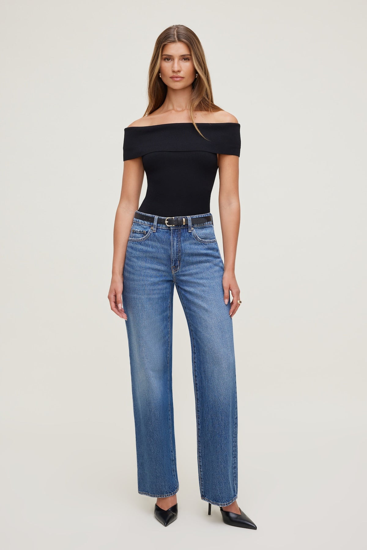 Dynamite Rib Knit Off Shoulder Sweater Black