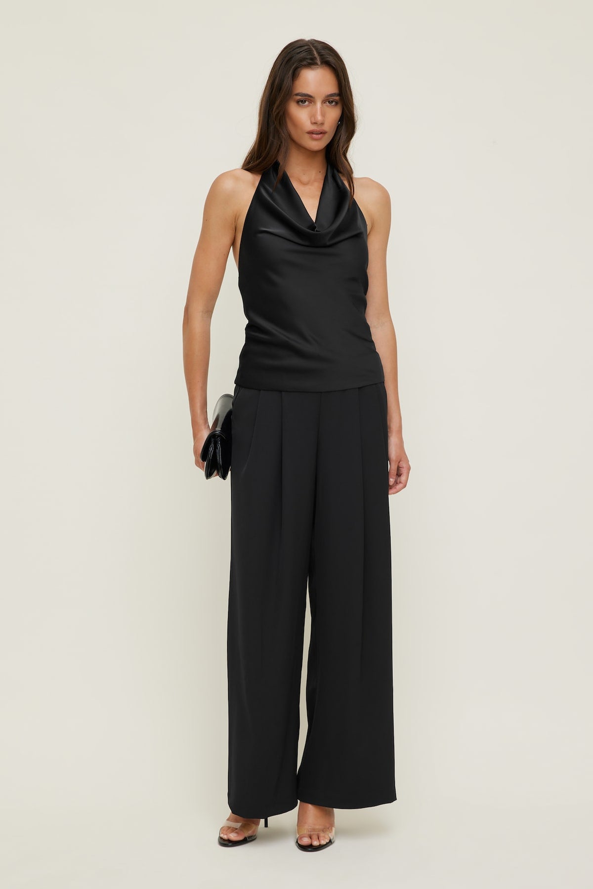 Dynamite Camila Satin Cowl Halter Neck Blouse Black