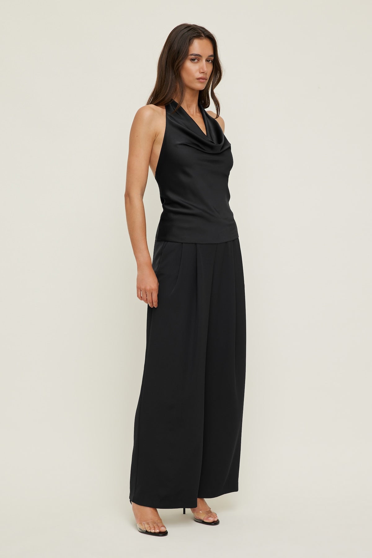 Dynamite Camila Satin Cowl Halter Neck Blouse Black