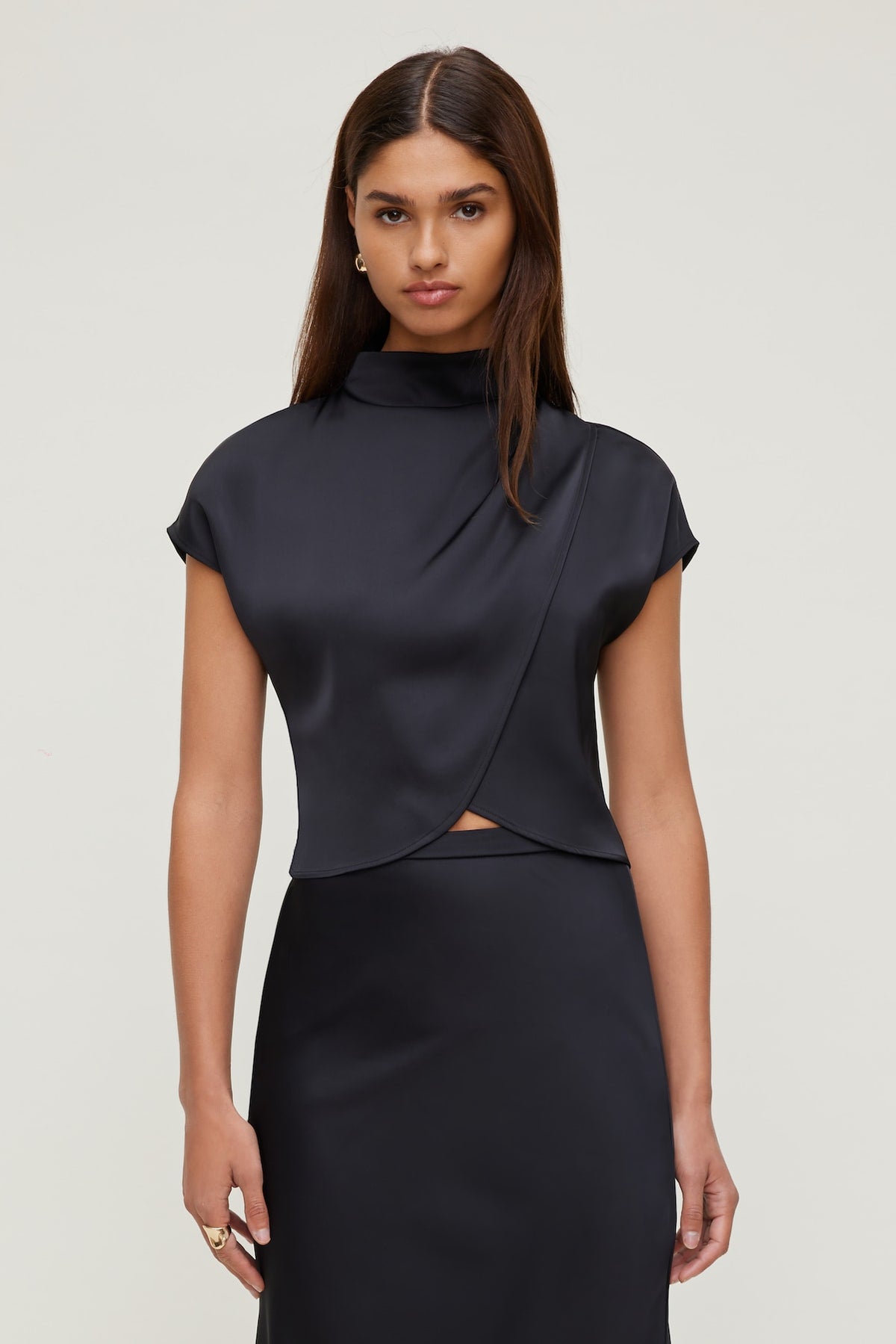 Dynamite Ella Layered Satin Blouse Black