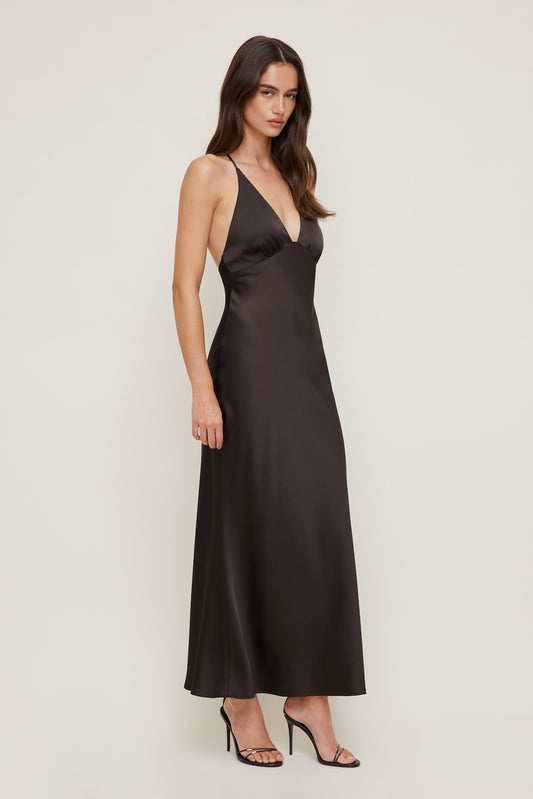 Dynamite Livia Satin Midi Dress Brown