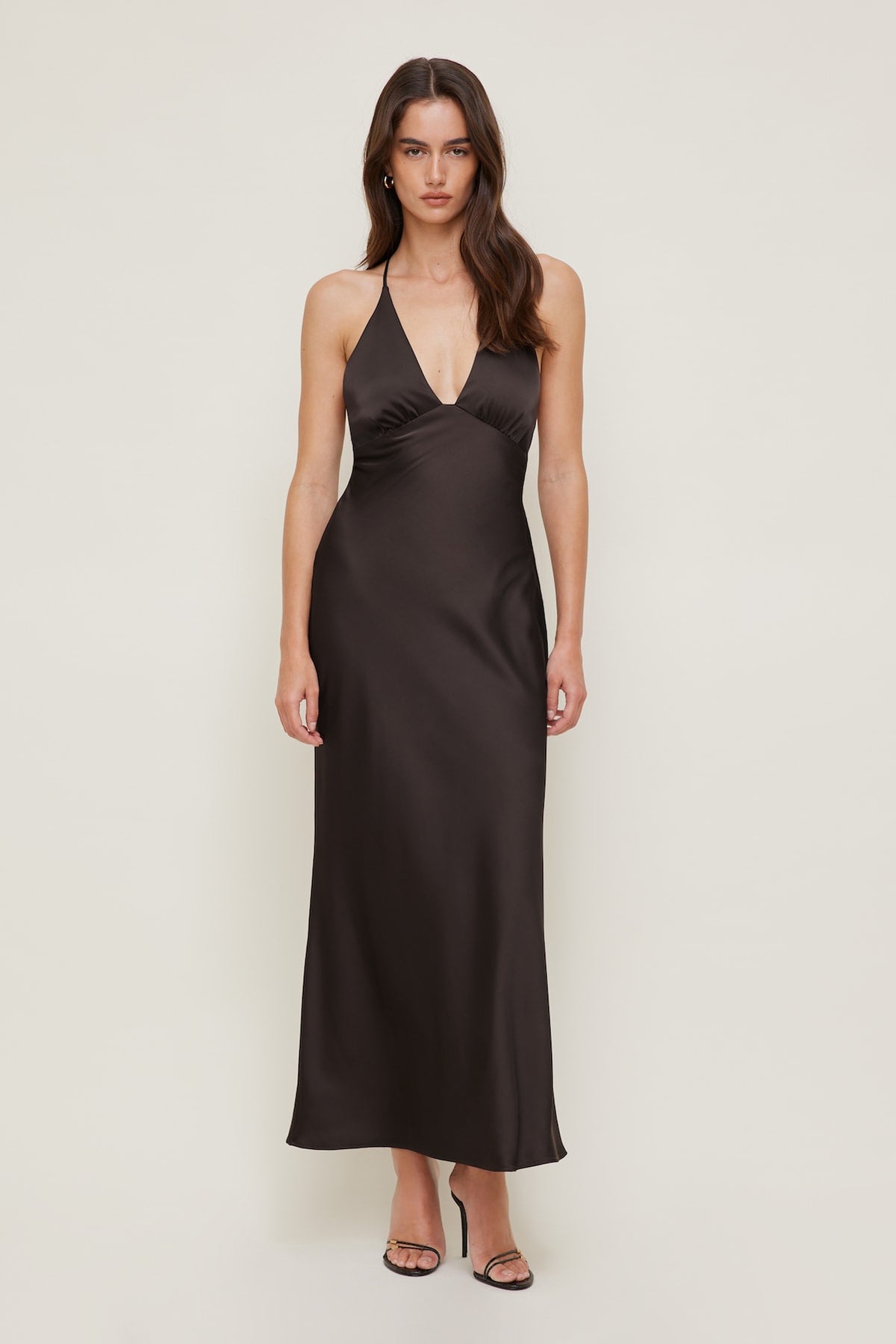Dynamite Livia Satin Midi Dress Brown