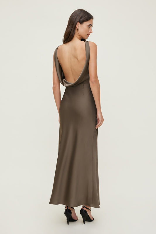Dynamite Nora Satin Maxi Slip Dress Brown
