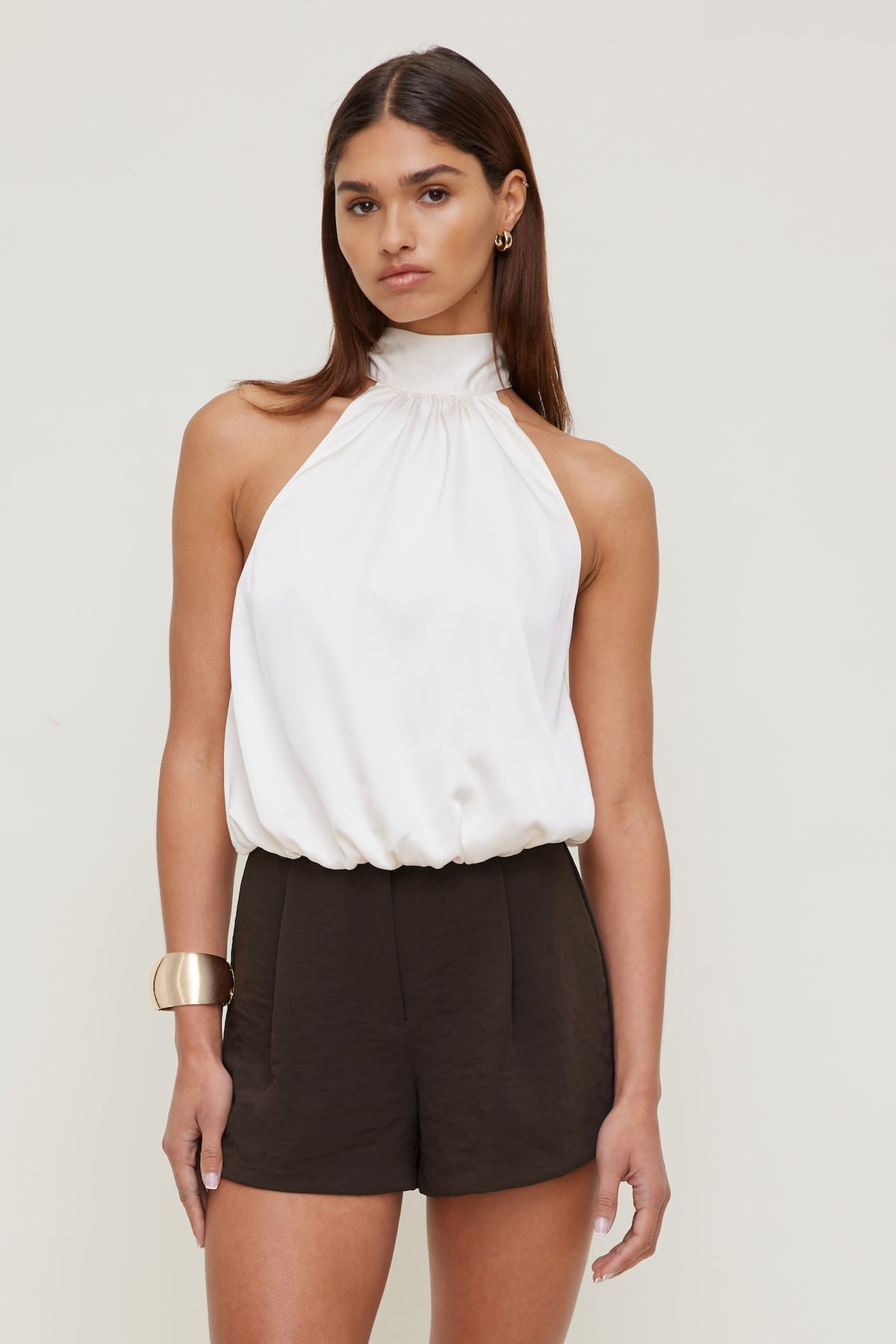 Dynamite Paloma Bubble Satin Halter Blouse Beige