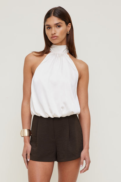 Dynamite Paloma Bubble Satin Halter Blouse Beige